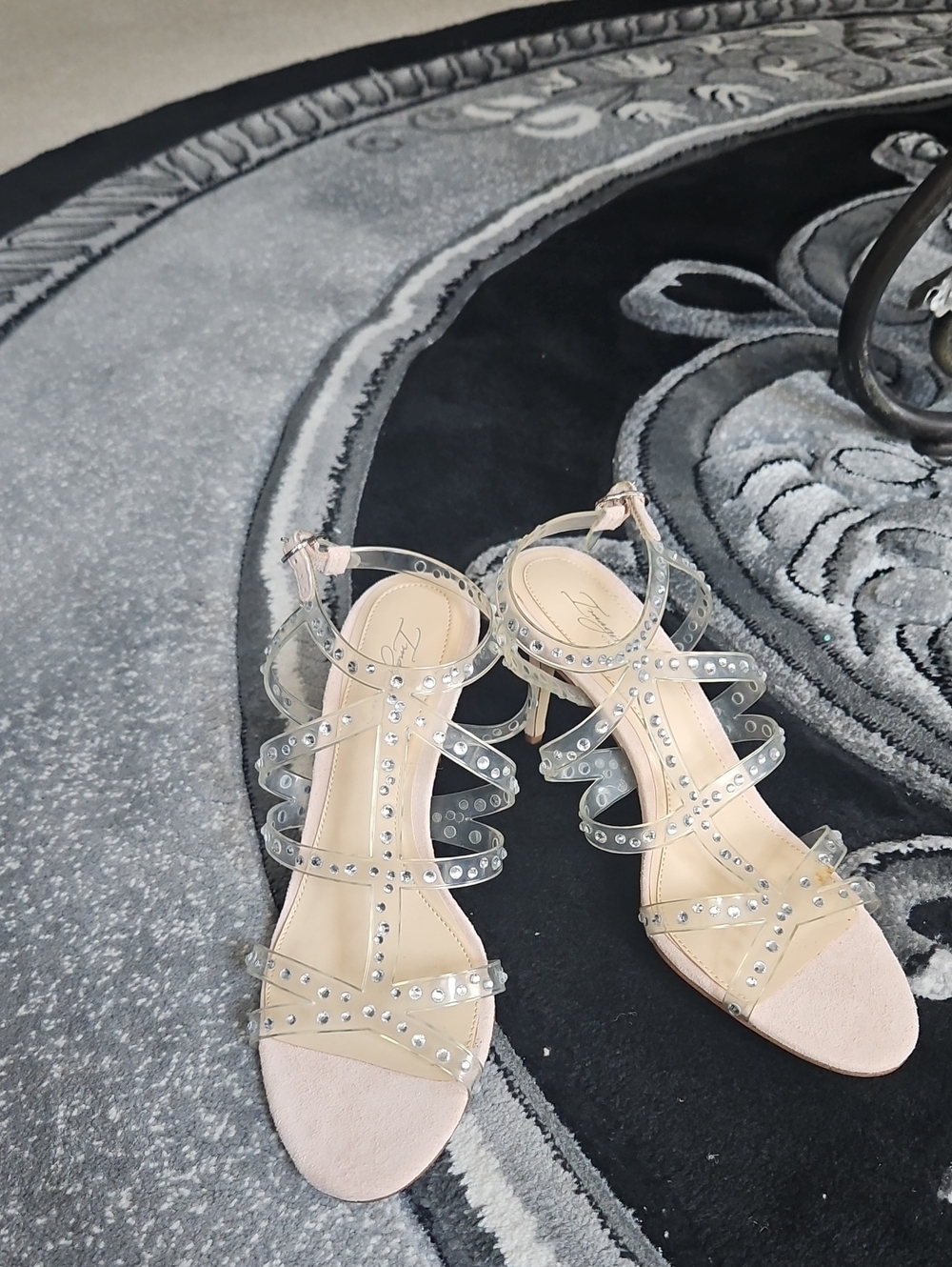 Studded Clear Strappy Heels in Nude/Clear by